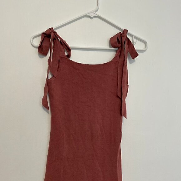 URBAN OUTFITTERS Rose Marie Tie Shoulder Mini Dress Mauve Ribbed Sweater Bodycon - Picture 5 of 16